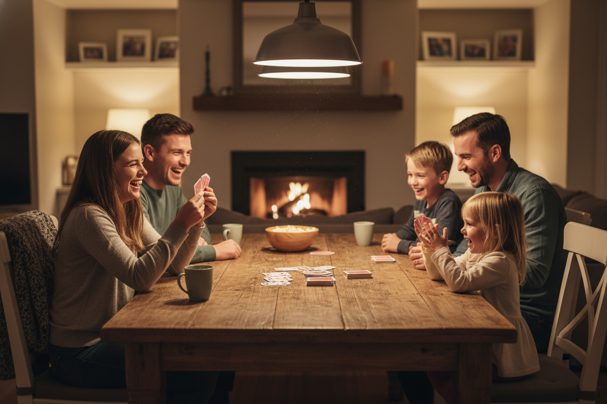 Can you generate me an image of a family playing a card game around a table
